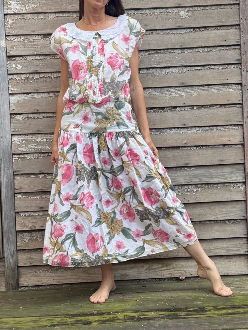 VTG Drop Waist Floral Print Maxi - Modest Spring Dress - High Neck Lace Collar - Picture 5 of 12